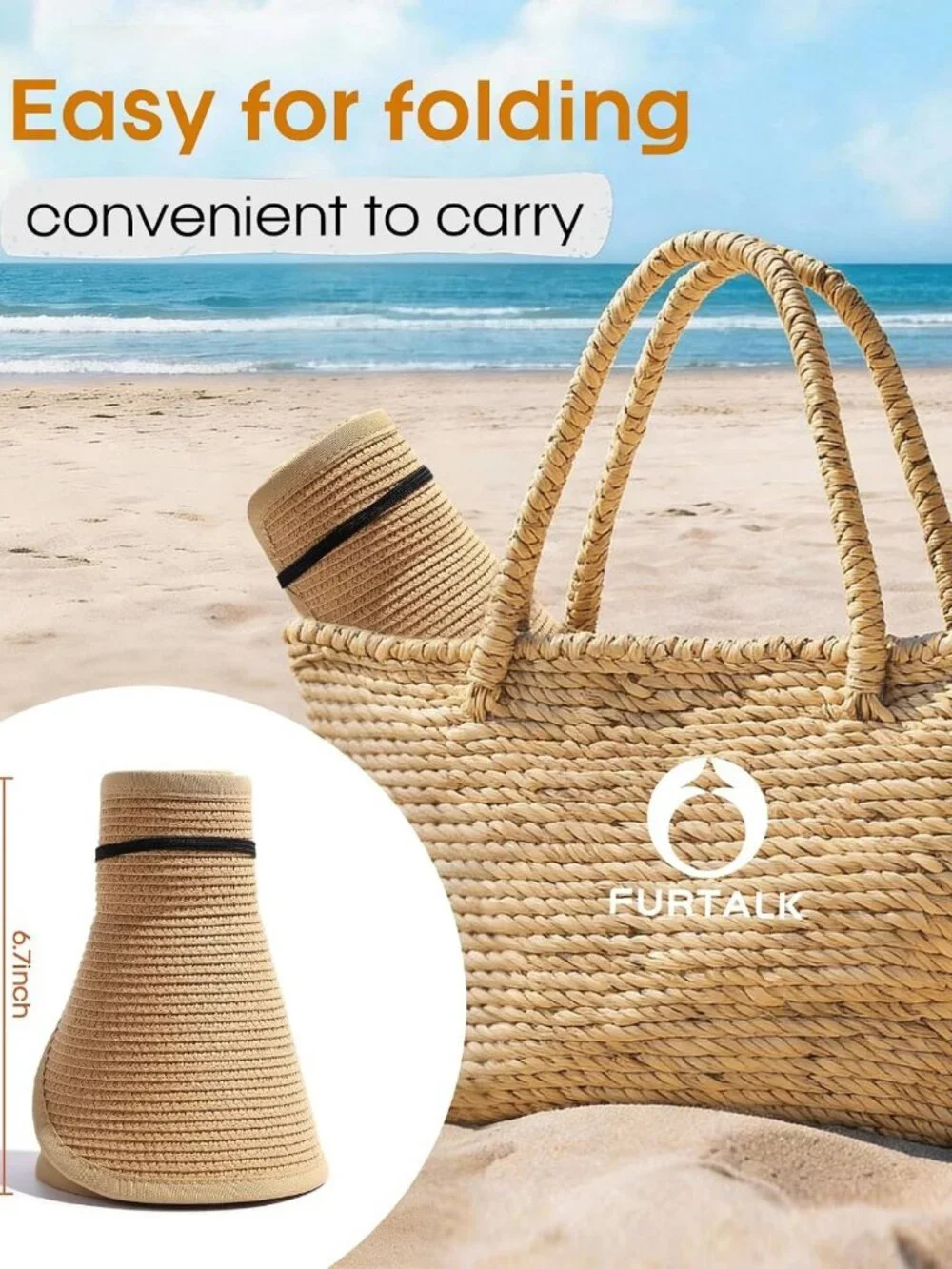 Wide Brim Ponytail Straw Visor Hat | UV Protection, Adjustable, Foldable Beach